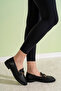 Belted Comfortable Moccasin Black Women's Leather-Look Loafer - 3