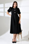 Watermelon Sleeve Midi Dress with Metal Accessories - Black - 3