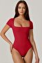 Women Short Sleeve Square Neck Double Layer Silk Jersey Bodysuit K34