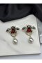 Gold Detailed Red Stone Bee Figured Brand Model Design Earrings - 4
