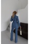 Women's Imported Denim Fabric Pearl Embroidered Belted Lined Rose Accessory Special Design Jacket Pants Set - 8