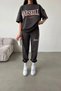 Marseille France Printed Black Sweatshirt and T-Shirt Set - Anthracite Jogger Sweatshirt and Oversized T-Shirt B - 2
