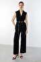Double Breasted Collar Waist Chain Belt Vest Black - 4
