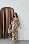 Women's Brown and White Bird Patterned Double Breasted Dress with Elastic Waist and Long Slits - 3