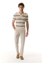 Men's Ecru Striped Polo Collar Short Sleeve Knit Sweater - 3
