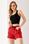 Women's Adjustable Waist Double Pocket Striped Shorts Red - 10047 - 6