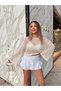Women's Cream Depox Spanish Sleeve Wide Neck Openwork Loose Anti-Scratch Hollowed Out Crop Knitwear Blouse - 5