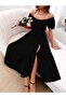 Women's Short Sleeve Square Neck Split Midi Janjan Crepe Dress