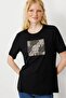 Women's Crew Neck Front Stone Printed Combed Cotton T-Shirt Black