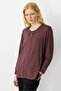 Women's Crew Neck Long Sleeve Combed Cotton Blouse Brown - 5