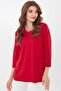 Women's Collar Embroidered Three Quarter Sleeve Combed Cotton Blouse Red - 4
