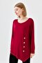 Women's Crew Neck Front Wooden Buttoned Combed Cotton Blouse Claret Red - 2