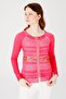 Women's Crew Neck Long Sleeve Zippered Leather Combed Cotton Jacket Fuchsia - 6