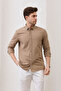 Sarte - Men's Khaki Slim Fit Narrow-Cut Buttoned Collar Linen-Look 100% Cotton Slub Shirt - 8
