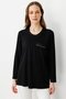 Women's Crew Neck Pocket and Collar Glitter Striped Combed Cotton Blouse Black - 3