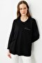 Women's Crew Neck Pocket and Collar Glitter Striped Combed Cotton Blouse Black