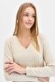 Women's V-Neck Glitter Ribbed Blouse Beige - 5