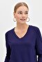 Women's V-Neck Glitter Ribbed Blouse Navy Blue - 2