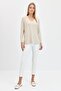 Women's V-Neck Glitter Ribbed Blouse Beige - 3