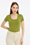Women's Oil Green Square Neck Short Sleeve Blouse - 3