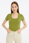 Women's Oil Green Square Neck Short Sleeve Blouse