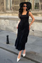 Women's Black Back Bow Tie Detailed Lined Sleeveless Strap Long Scallop Dress - 4