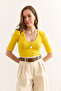 Women Yellow Deep V Neck Double Sleeve Stretchy Cotton Blouse Blz-19002951 - 6