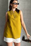 Women's Mustard Button V Neck Ethnic Print 100% Cotton Tank Top - 3