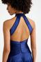 Navy Blue Waist Draped Satin Evening Dress - 3