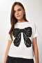 Guipure Bow Embroidered Knitted T-Shirt Bone Lcr0065 - 2