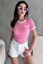 Women's Pink Bow Embroidered Contrast Ribbed Knitted Blouse
