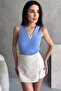 Women's Blue Metal V Accessory Sleeveless Ribbed Knitted Blouse - 3