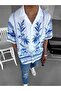 Men's Oversize Floral Patterned Cuban Collar Short Sleeve Shirt Ecru
