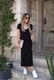 Women's Short Sleeve V-Neck Viscose Long Dress with Side Stripe and Slit - 2