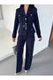 Belted Gold Button Detailed Suit Navy Blue - 2