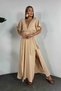 Muslin Fabric Boheme Summer V-Neck Knit Detailed Milk Coffee Dress - 2
