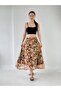 Floral Patterned Valerie Chiffon Flared Lined Long Skirt Women's Tan - 6