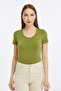 Women's Oil Green Crew Neck Short Sleeve Plain Viscose Blouse - 2