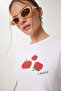 Women's White Printed Crop Knitted T-Shirt Wo00053