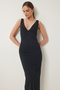 Women's Black V-Neck Midi Knitted Dress Ub00378 - 3