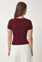 Women's Burgundy Basic Knitted Crop Blouse with Snap Fasteners Fw00004 - 5