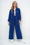 Women's Navy Blue Double Pocket Safari Jacket and Elastic Waist Wide Leg Aerobin Trousers Suit Ymx8448