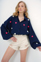 Women's Navy Blue Süzene Heart Embroidered Oversize Muslin Linen Shirt Alc-X13791