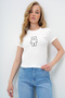 Women's White Crew Neck Teddy Bear Embroidered Ottoban Crop T-Shirt Alc-X13917 - 3