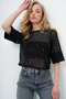 Black Crew Neck Wide Cuff Pearl Tulle Blouse Alc-X13921 - 3