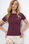 Women's Burgundy Crew Neck Striped T-Shirt Alc-X13919 - 4