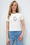 Women's White Crew Neck Teddy Bear Embroidered Ottoban Crop T-Shirt Alc-X13917 - 2