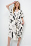 Women's Ecru-Black V-Neck Patterned Summer Maxi Length Woven Dress Alc-X14087 - 4