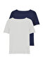 Navy-Ecru Cotton Ribbed V-Neck Stretchy Knitted Blouse Twoss25Bz00405 - 8
