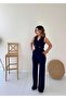 Double Breasted Design Jumpsuit Navy Blue - 4
